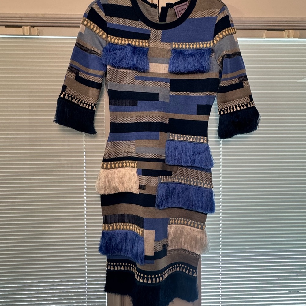 RARE! Herve Leger Abstract Blue Fringe Dress Like New size Small